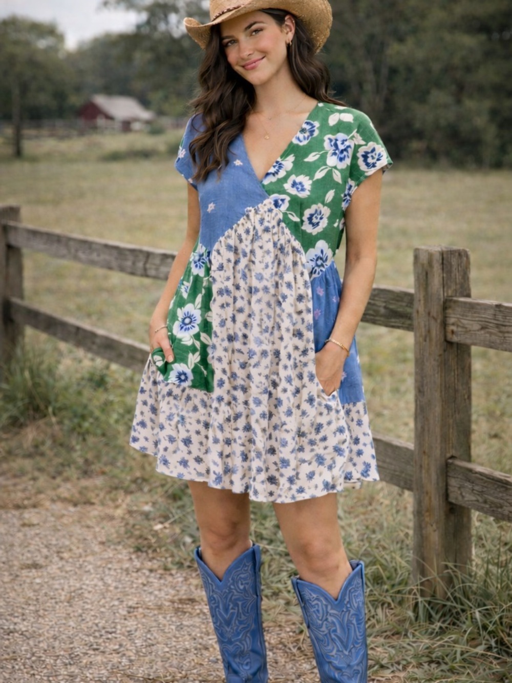 BUCKETLIST Floral Patchwork V-Neck Mini Boho Dress Sz S